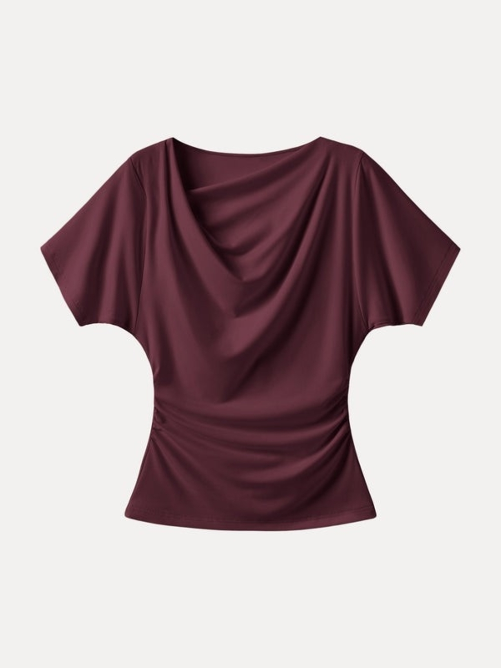 OGL Asymmetrical Cowl Neck Ruched Top In Ruby Red